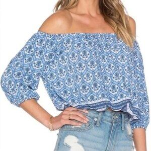 Faithfull The Brand Off Shoulder Blue Floral Top Medium